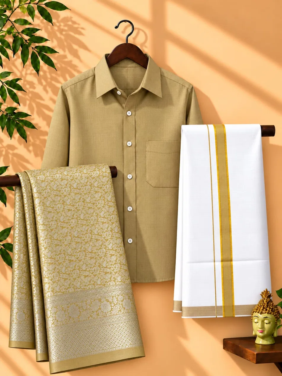 Beige Gold Paisley Silver Zari Couple Combo Set